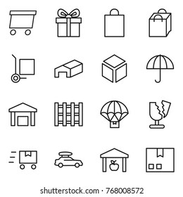 Thin line icon set : delivery, gift, shopping bag, cargo stoller, warehouse, 3d, dry, pallet, parachute, broken, fast deliver, car baggage, package