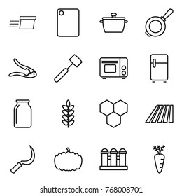 Thin line icon set : delivery, cutting board, pan, walnut crack, meat hammer, grill oven, fridge, bank, spikelets, honeycombs, field, sickle, pumpkin, grain elevator, carrot