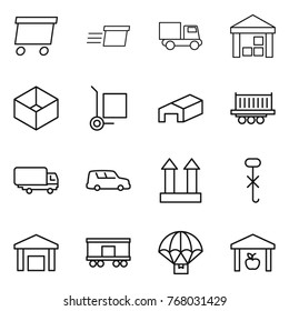 Thin line icon set : delivery, truck, warehouse, box, cargo stoller, shipping, car, top sign, do not hook, railroad, parachute