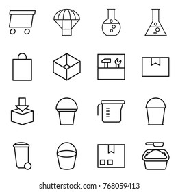 Thin line icon set : delivery, parachute, round flask, shopping bag, box, tools, package, bucket, measuring cup, trash bin, washing powder