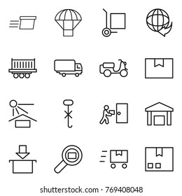 Thin line icon set : delivery, parachute, cargo stoller, truck shipping, scooter, package box, sun potection, do not hook sign, courier, warehouse, search, fast deliver