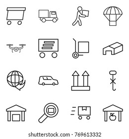 Thin line icon set : delivery, truck, courier, parachute, drone, cargo stoller, warehouse, car shipping, top sign, do not hook, search, fast deliver