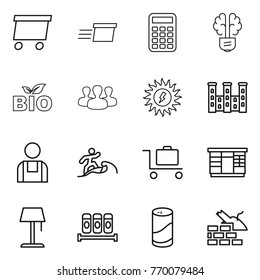 Thin line icon set : delivery, calculator, bulb brain, bio, group, sun power, palace, workman, surfer, baggage trolley, wardrobe, floor lamp, spices, cleanser powder, construct garbage