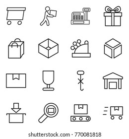 Thin line icon set : delivery, courier, cashbox, gift, shopping bag, box, 3d, package, fragile, do not hook sign, warehouse, cargo search, transporter tape, fast deliver