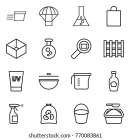 Thin line icon set : delivery, parachute, flask, shopping bag, box, chemical, cargo search, pallet, uv cream, cauldron, measuring cup, ketchup, sprayer, garbage, bucket, washing powder