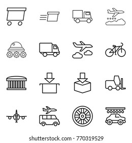 Thin line icon set : delivery, truck, weather management, lunar rover, journey, bike, airport building, package, fork loader, plane, transfer, wheel, car wash
