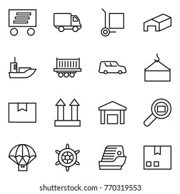Thin line icon set : delivery, cargo stoller, warehouse, sea shipping, truck, car, loading crane, package box, top sign, search, parachute, handwheel, cruise ship