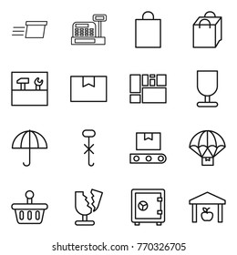 Thin line icon set : delivery, cashbox, shopping bag, tools, package box, consolidated cargo, fragile, dry, do not hook sign, transporter tape, parachute, basket, broken, safe, warehouse