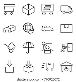 Thin line icon set : delivery, box, warehouse, car shipping, package, trolley, dry cargo, sun potection, courier, fast deliver