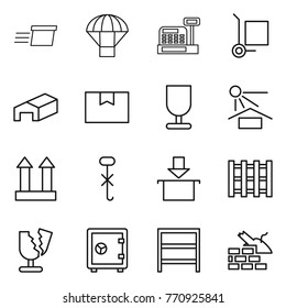 Thin line icon set : delivery, parachute, cashbox, cargo stoller, warehouse, package box, fragile, sun potection, top sign, do not hook, pallet, broken, safe, rack, construct garbage