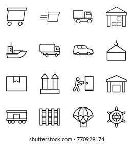 Thin line icon set : delivery, truck, warehouse, sea shipping, car, loading crane, package box, cargo top sign, courier, railroad, pallet, parachute, handwheel