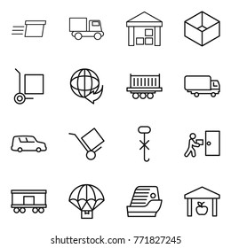 Thin line icon set : delivery, truck, warehouse, box, cargo stoller, shipping, car, trolley, do not hook sign, courier, railroad, parachute, cruise ship