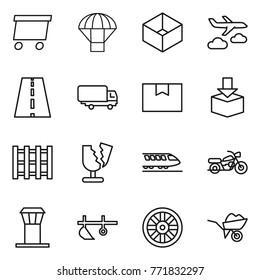 Thin line icon set : delivery, parachute, box, journey, road, shipping, package, pallet, broken, train, motorcycle, airport tower, plow, wheel, wheelbarrow
