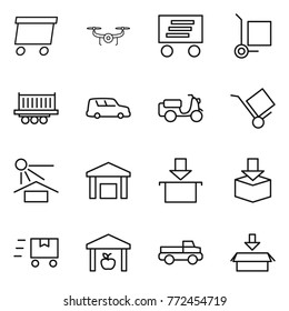 Thin line icon set : delivery, drone, cargo stoller, truck shipping, car, scooter, trolley, sun potection, warehouse, package, fast deliver, pickup