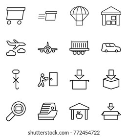 Thin line icon set : delivery, parachute, warehouse, journey, plane, truck shipping, car, do not hook sign, courier, package, cargo search, cruise ship