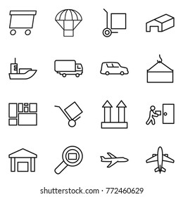 Thin line icon set : delivery, parachute, cargo stoller, warehouse, sea shipping, car, loading crane, consolidated, trolley, top sign, courier, search, plane, airplane