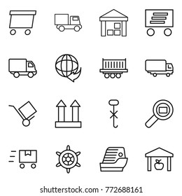 Thin line icon set : delivery, truck, warehouse, shipping, trolley, cargo top sign, do not hook, search, fast deliver, handwheel, cruise ship