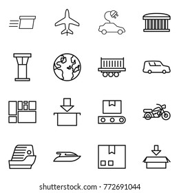 Thin line icon set : delivery, plane, electric car, airport building, tower, globe, truck shipping, consolidated cargo, package, transporter tape, motorcycle, cruise ship, yacht