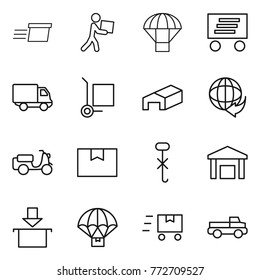 Thin line icon set : delivery, courier, parachute, cargo stoller, warehouse, scooter shipping, package box, do not hook sign, fast deliver, pickup