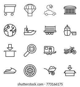 Thin line icon set : delivery, parachute, electric car, airport building, globe, sea shipping, truck, port, package, cargo search, trailer, motorcycle, jet ski, wheel, wheelbarrow