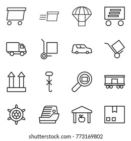 Thin line icon set : delivery, parachute, cargo stoller, car shipping, trolley, top sign, do not hook, search, railroad, handwheel, cruise ship, warehouse, package