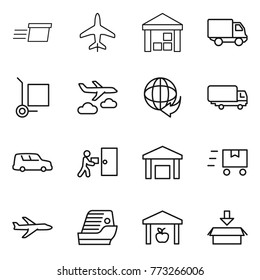 Thin line icon set : delivery, plane, warehouse, cargo stoller, journey, shipping, car, courier, fast deliver, cruise ship, package