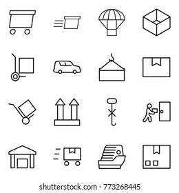 Thin line icon set : delivery, parachute, box, cargo stoller, car shipping, loading crane, package, trolley, top sign, do not hook, courier, warehouse, fast deliver, cruise ship