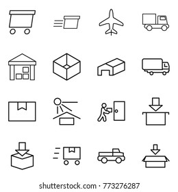 Thin line icon set : delivery, plane, truck, warehouse, box, shipping, package, sun potection, courier, fast deliver, pickup