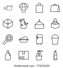 Thin line icon set : delivery, parachute, shopping bag, box, cleanser, loading crane, package, cargo search, washing, fridge, bucket, liquid soap, toilet