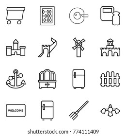 Thin line icon set : delivery, abacus, cell corection, scales weight, castle, greate wall, windmill, fort, anchor, dresser, fridge, fence, welcome mat, fork, hard reach place cleaning