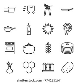 Thin line icon set : delivery, fast deliver, Chair for babies, pan, vegetable oil, gas oven, elecric, tomato, spikelets, pancakes, onion, honeycombs, grain elevator, potato