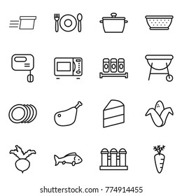 Thin line icon set : delivery, cafe, pan, colander, mixer, microwave oven, spices, bbq, plates, chicken leg, cake, corn, beet, fish, grain elevator, carrot