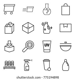 Thin line icon set : delivery, round flask, shopping bag, box, cleanser, package, cargo search, uv cream, cauldron, spices, sprayer, trash bin
