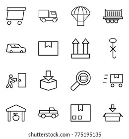 Thin line icon set : delivery, truck, parachute, shipping, car, package box, cargo top sign, do not hook, courier, search, fast deliver, warehouse, pickup