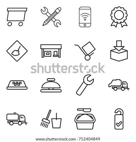 thin line icon set : delivery, pencil wrench, phone wireless, medal, under construction, gas station, trolley, package, taxi, service bell, trash truck, sweeper, bucket and broom, washing powder