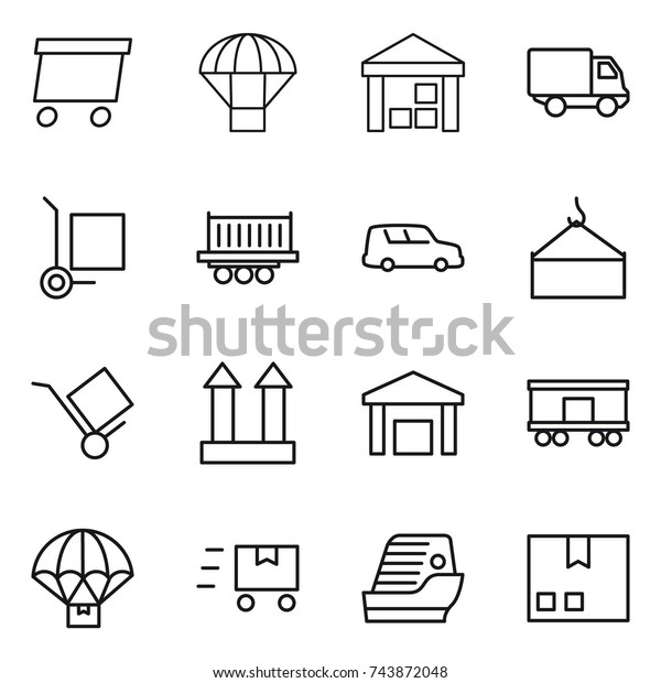 thin line icon set :\
delivery, parachute, warehouse, cargo stoller, truck shipping, car,\
loading crane, trolley, top sign, railroad, fast deliver, cruise\
ship, package