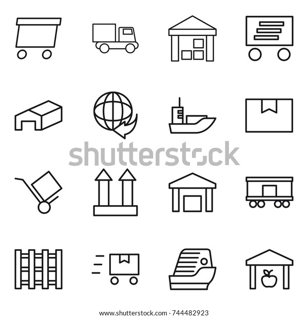 thin line icon set : delivery, truck,\
warehouse, sea shipping, package box, trolley, cargo top sign,\
railroad, pallet, fast deliver, cruise\
ship