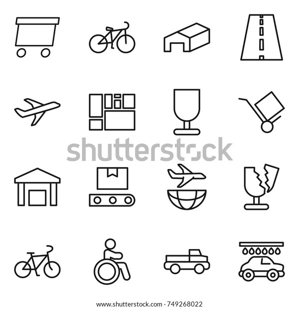 thin line icon set :\
delivery, bike, warehouse, road, plane, consolidated cargo,\
fragile, trolley, transporter tape, shipping, broken, invalid,\
pickup, car wash