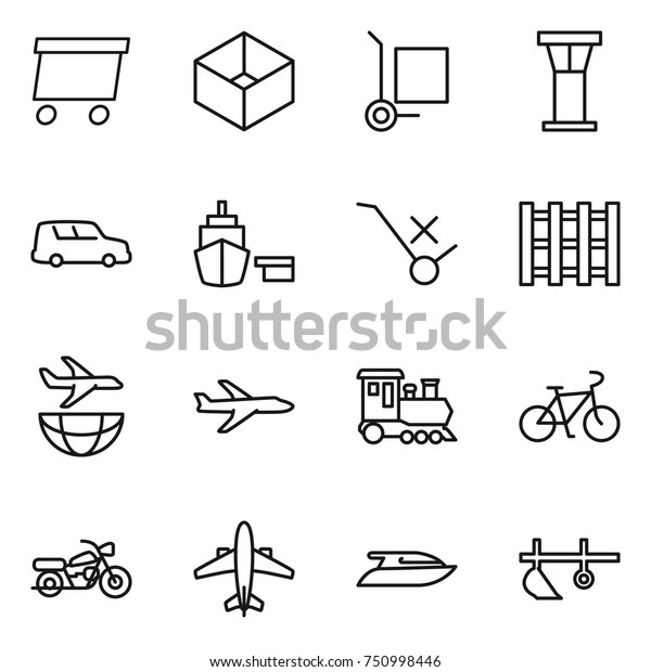 thin line icon set :
delivery, box, cargo stoller, airport tower, car shipping, port, do
not trolley sign, pallet, plane, train, bike, motorcycle, airplane,
yacht, plow