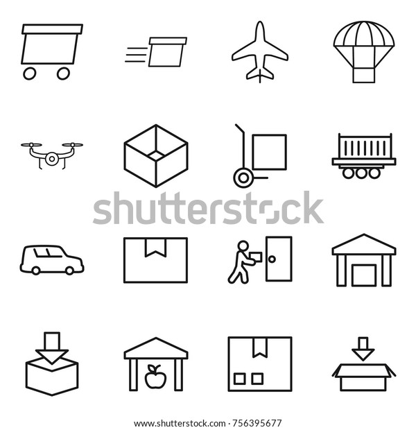 Thin line icon set : delivery, plane,\
parachute, drone, box, cargo stoller, truck shipping, car, package,\
courier, warehouse