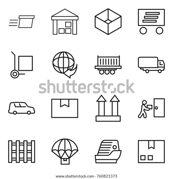 Thin line icon set : delivery, warehouse,\
box, cargo stoller, truck shipping, car, package, top sign,\
courier, pallet, parachute, cruise\
ship
