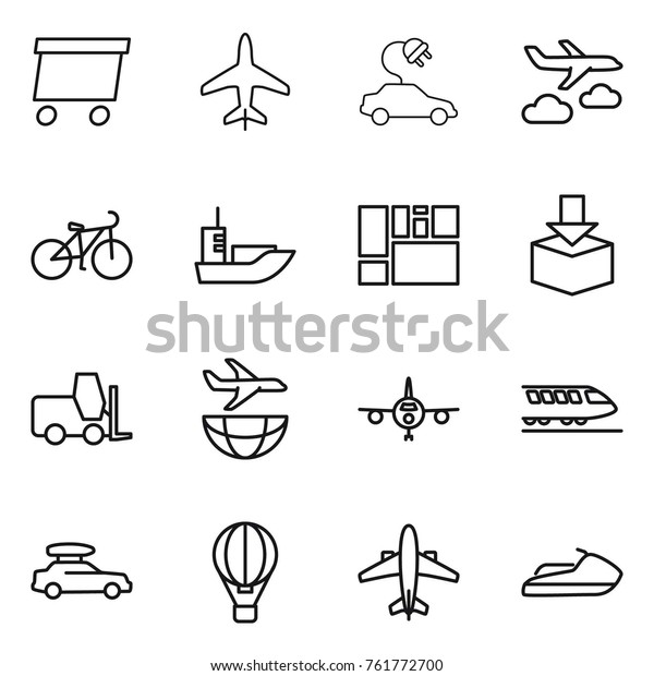 Thin line icon set :\
delivery, plane, electric car, journey, bike, sea shipping,\
consolidated cargo, package, fork loader, train, baggage, air\
ballon, airplane, jet ski