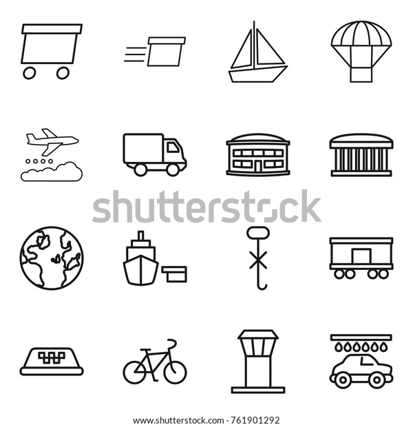 Thin line icon set :\
delivery, boat, parachute, weather management, airport building,\
globe, port, do not hook sign, railroad shipping, taxi, bike,\
tower, car wash