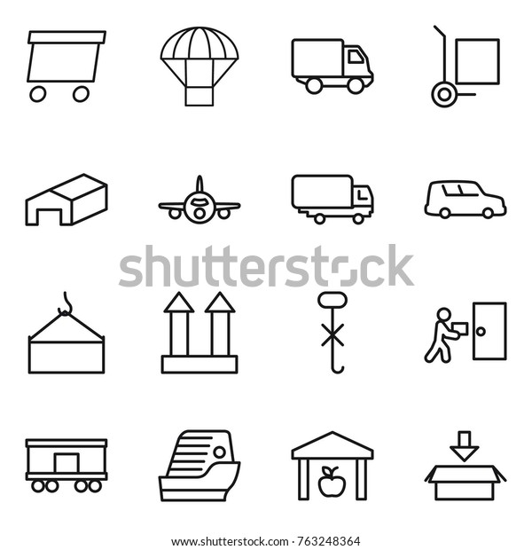 Thin line icon\
set : delivery, parachute, cargo stoller, warehouse, plane,\
shipping, car, loading crane, top sign, do not hook, courier,\
railroad, cruise ship,\
package