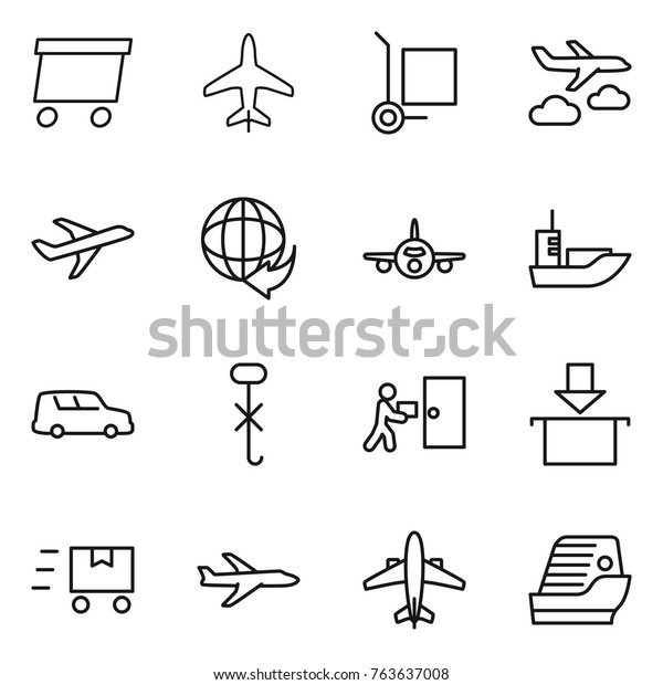 Thin line icon set : delivery,\
plane, cargo stoller, journey, sea shipping, car, do not hook sign,\
courier, package, fast deliver, airplane, cruise\
ship