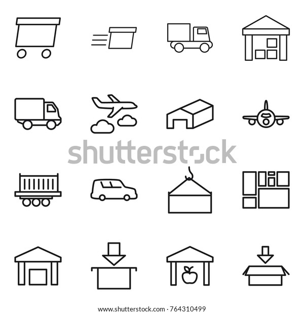 Thin line icon set : delivery, truck, warehouse,\
journey, plane, shipping, car, loading crane, consolidated cargo,\
package