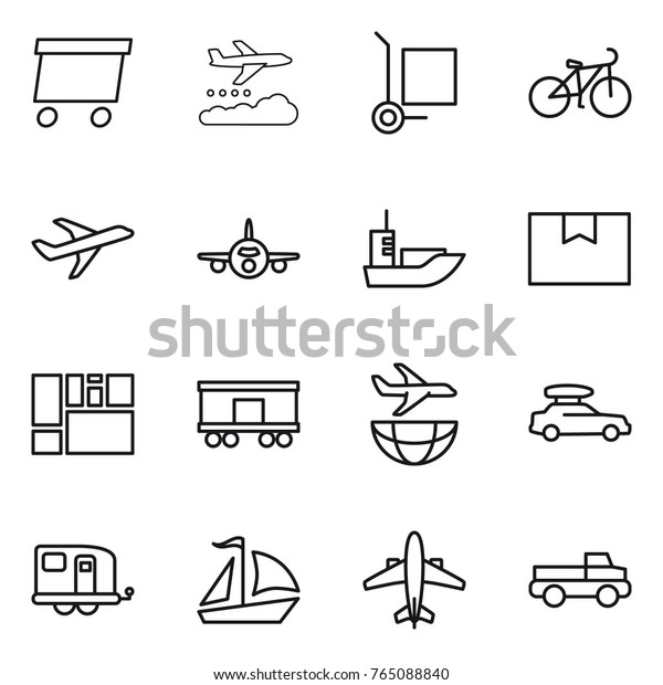 Thin line\
icon set : delivery, weather management, cargo stoller, bike,\
plane, sea shipping, package box, consolidated, railroad, car\
baggage, trailer, sail boat, airplane,\
pickup