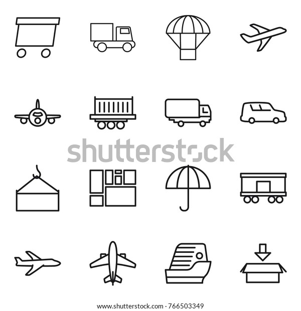 Thin line icon set : delivery, truck,\
parachute, plane, shipping, car, loading crane, consolidated cargo,\
dry, railroad, airplane, cruise ship,\
package