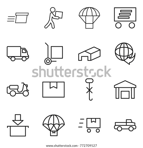 Thin line icon set : delivery, courier,
parachute, cargo stoller, warehouse, scooter shipping, package box,
do not hook sign, fast deliver,
pickup