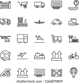 Thin Line Icon Set - departure vector, arrival, baggage conveyor, fork loader, ladder car, plane, helicopter, airport building, wheelbarrow, bike, truck trailer, delivery, container, up side sign